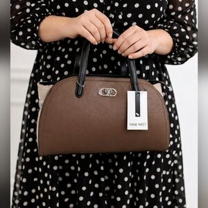 Nine West Satchel Handbag Brown Black Nude Faux Leather Top Handle Purse NWT